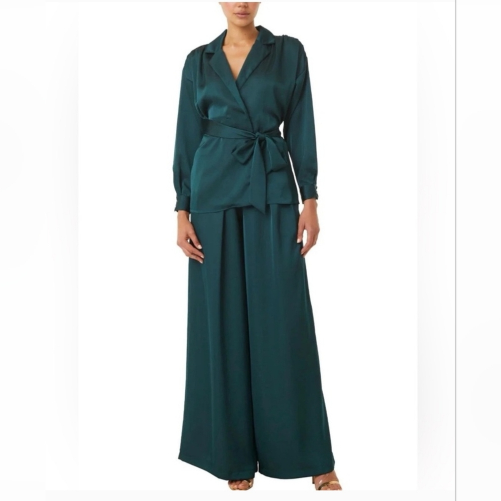 Misa Los Angeles Emerald Wrap Blazer With Cinched Back And Tie Belt